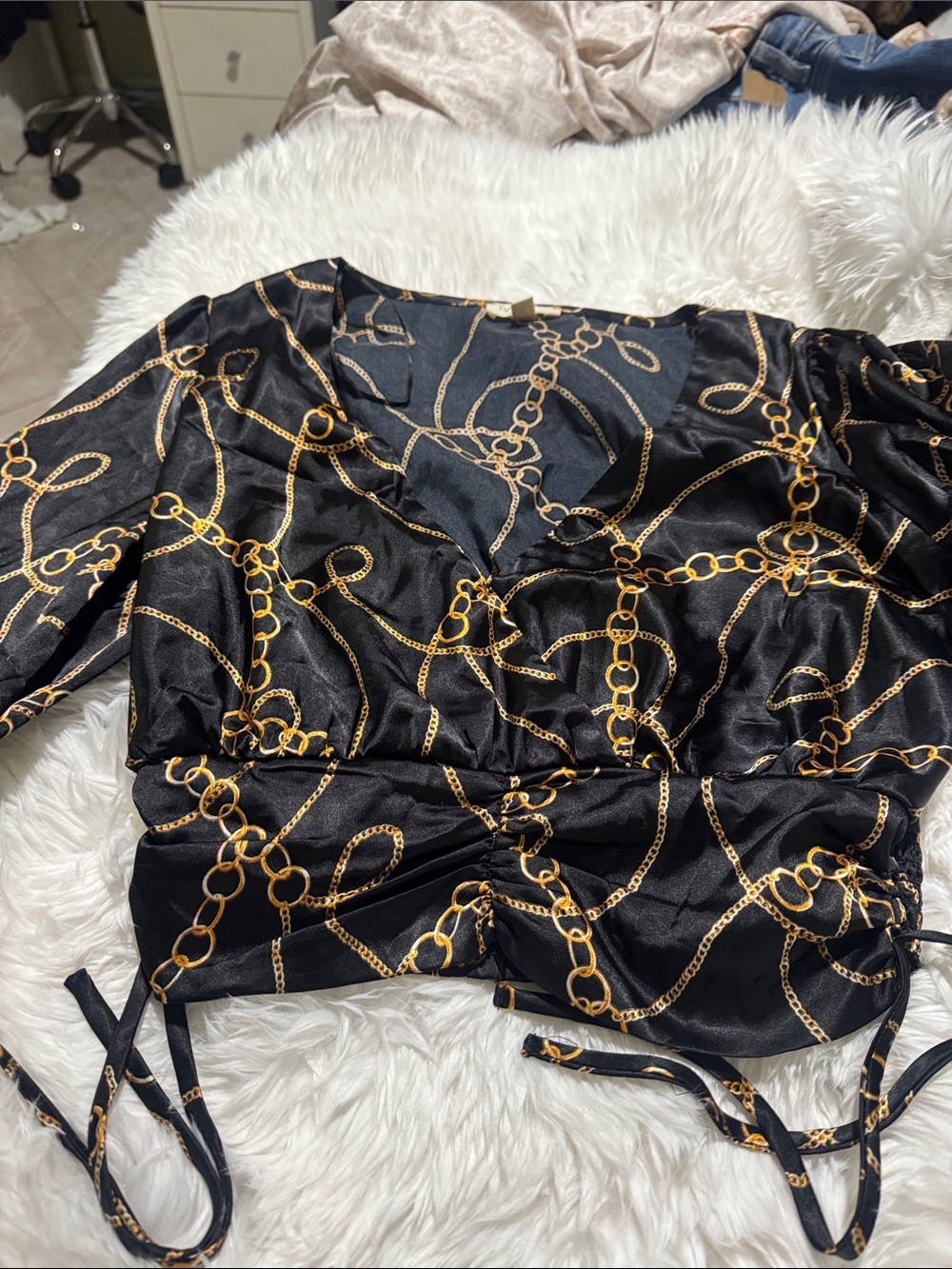 meraki Black Satin Chain-Print Wrap Blouse